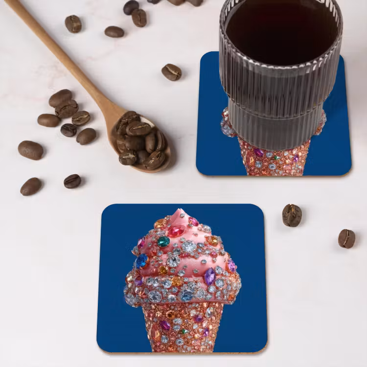 Ijsje - Hoorntje - Steentjes - Blauw onderzetter kurk middel -sfeer2