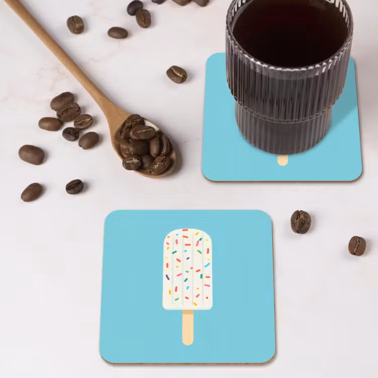 Ijsje - Stokje - Sprinkles - Lichtblauw onderzetter kurk middel -sfeer2