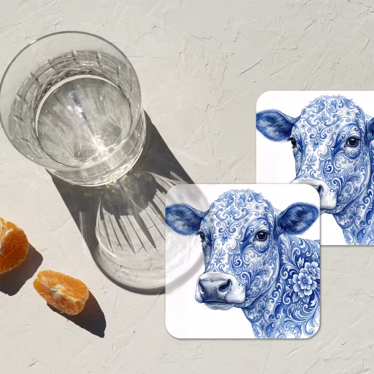 Illustratie - Koe - Blauw onderzetter kurk middel -sfeer4