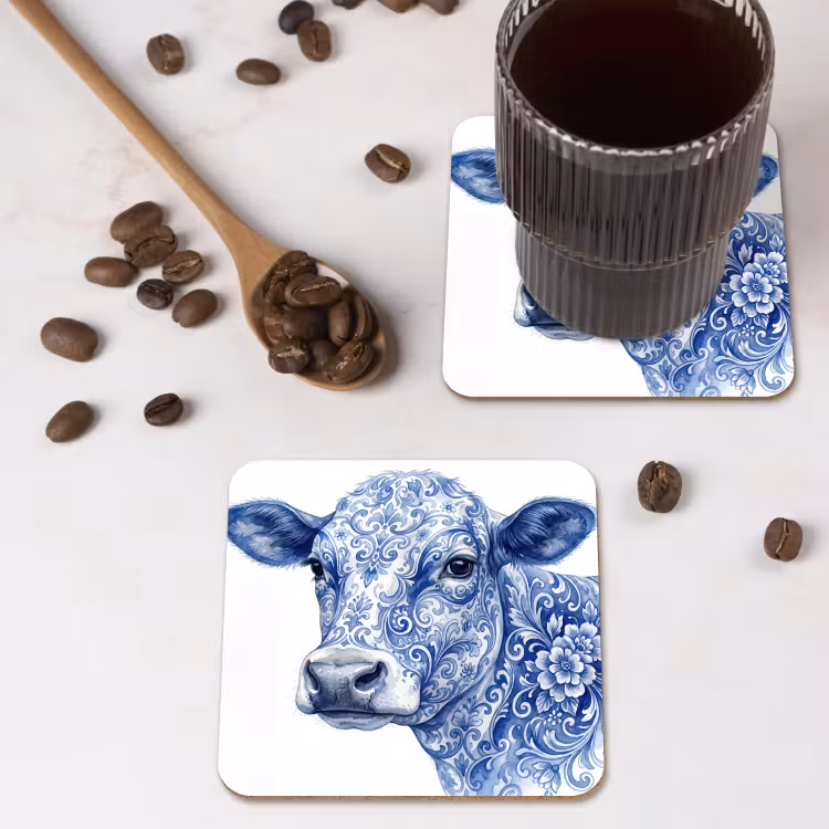 Illustratie - Koe - Blauw onderzetter kurk middel -sfeer2