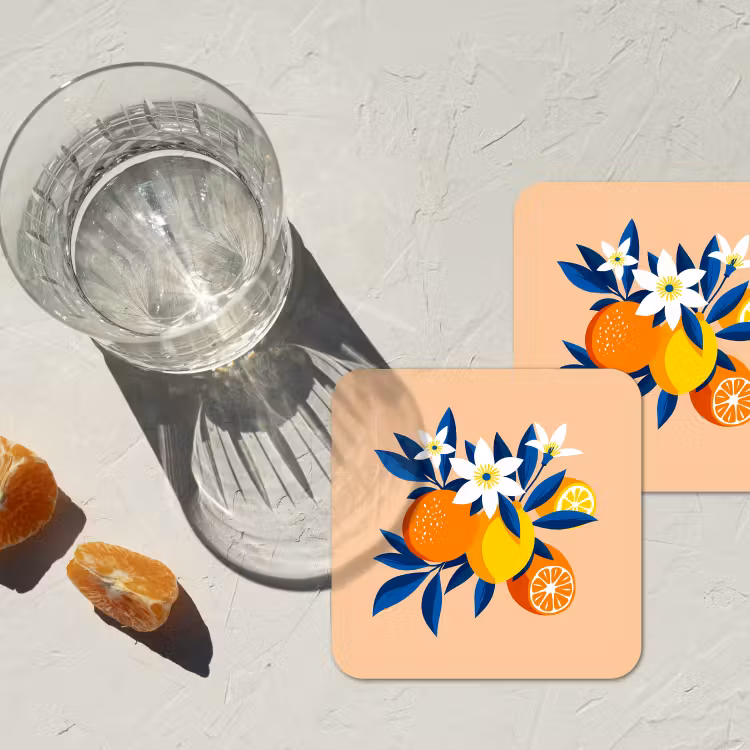 Illustratie - Sinaasappels - Donkerblauw - Bloemen onderzetter kurk middel -sfeer4