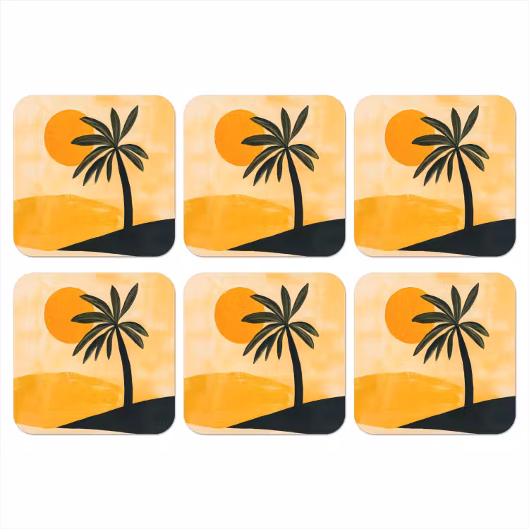 Illustratie - Palmboom - Zon - Heuvels onderzetter kurk middel -3d