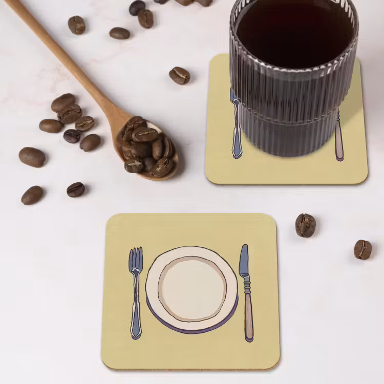 Illustratie - Bord - Bestek - Beige onderzetter kurk middel -sfeer2