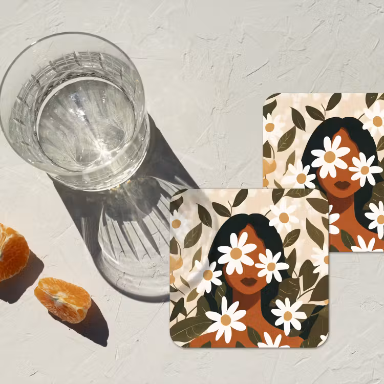 Illustratie - Vrouw - Madeliefjes - Wit onderzetter kurk middel -sfeer4