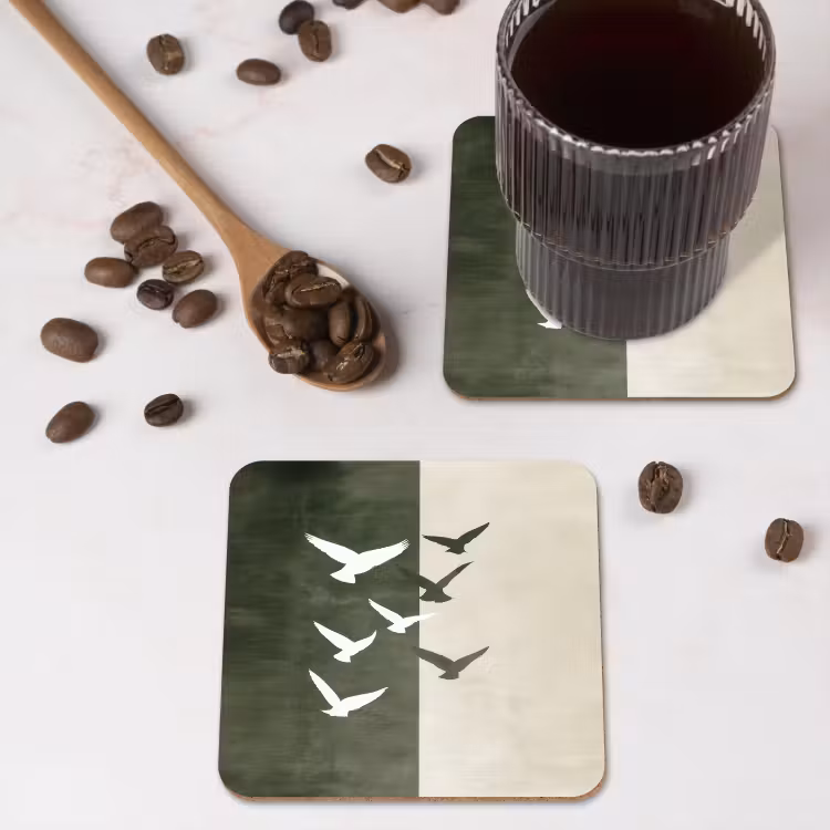 Japandi - Vogel - Groen onderzetter kurk middel -sfeer2