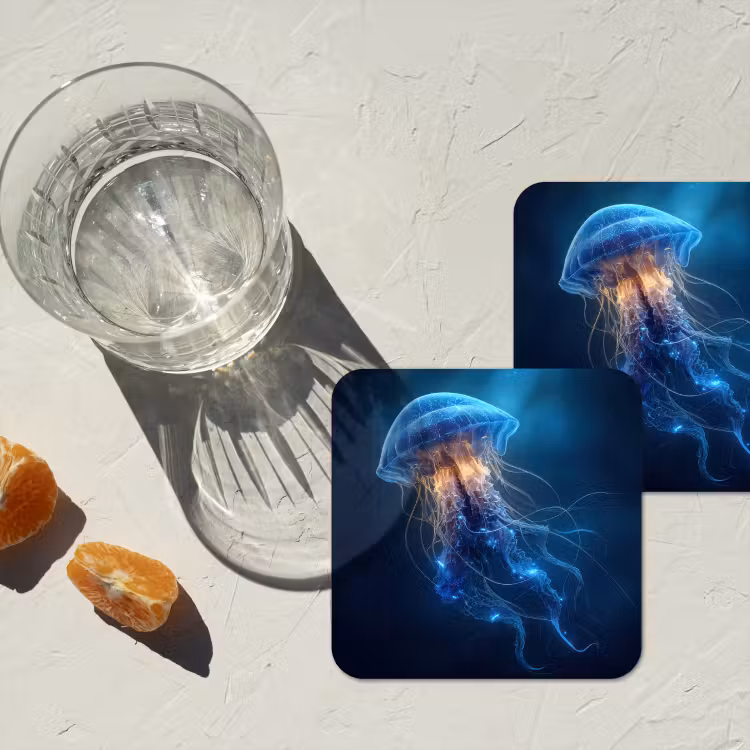 Kwal - Lichtgevend - Tentakels - Blauw onderzetter kurk middel -sfeer4