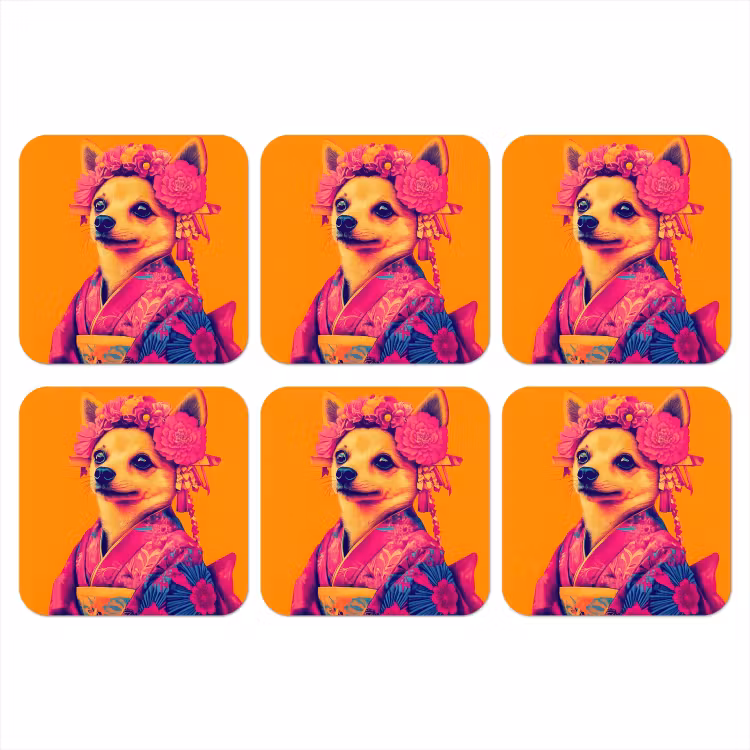 Kimono - Hondje - Bloemenkroon - Oranje onderzetter kurk middel -3d