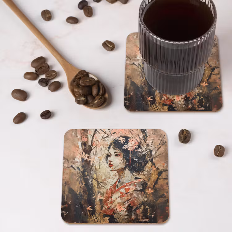 Kimono - Vrouw - kersenbomen onderzetter kurk middel -sfeer2