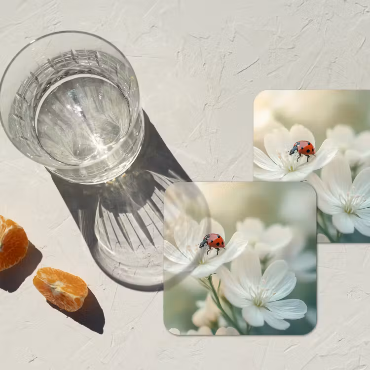 Lieveheersbeestje - Bloemen - Wit onderzetter kurk middel -sfeer4