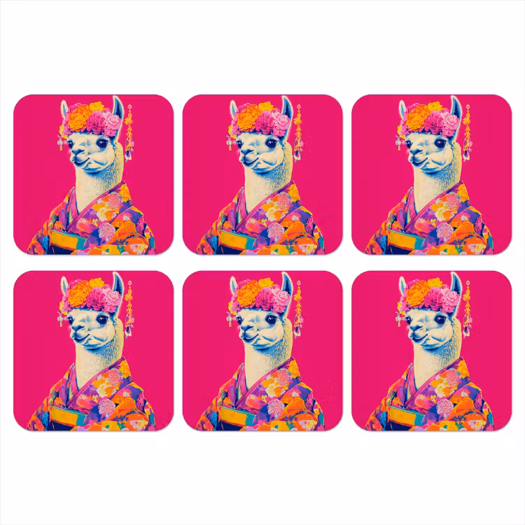 Lama - Kimono - Bloemenkrans - Felroze onderzetter kurk middel -3d