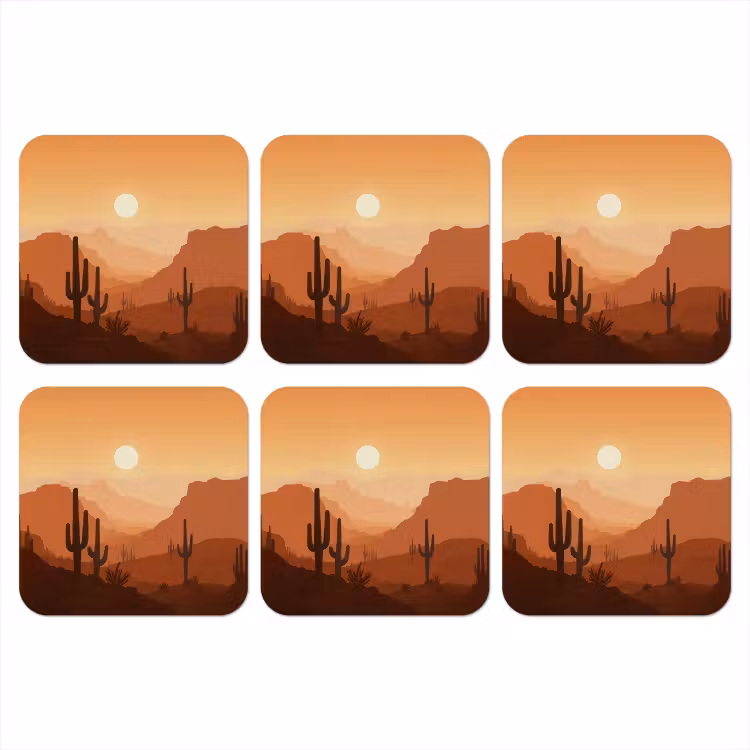 Landschap - Woestijn - Cactussen - Zon onderzetter kurk middel -3d