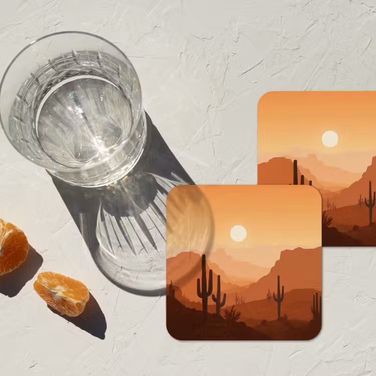 Landschap - Woestijn - Cactussen - Zon onderzetter kurk middel -sfeer4