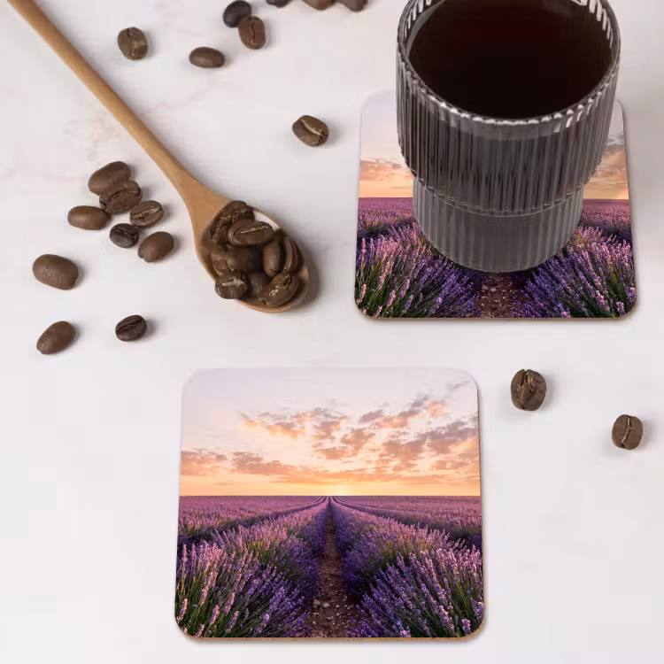 Landschap - Lavendelveld - Paars onderzetter kurk middel -sfeer2