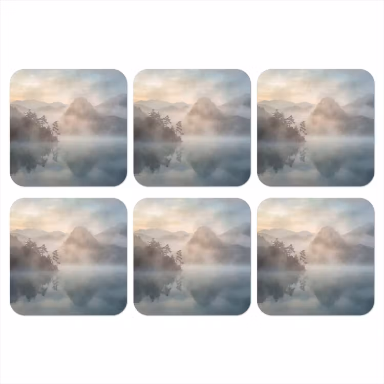 Landschap - Bergen - Mist - Water - Natuur onderzetter kurk middel -3d