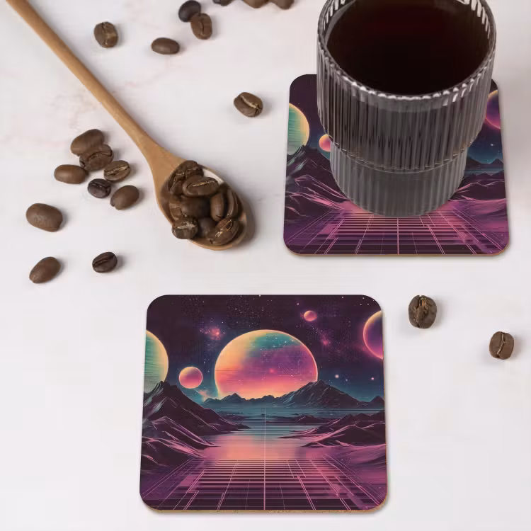 Landschap - Planeten - Horizon - Paars onderzetter kurk middel -sfeer2