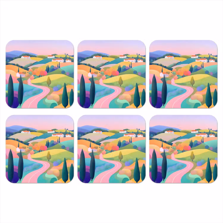 Landschap - Paars - Pastel - Huizen onderzetter kurk middel -3d