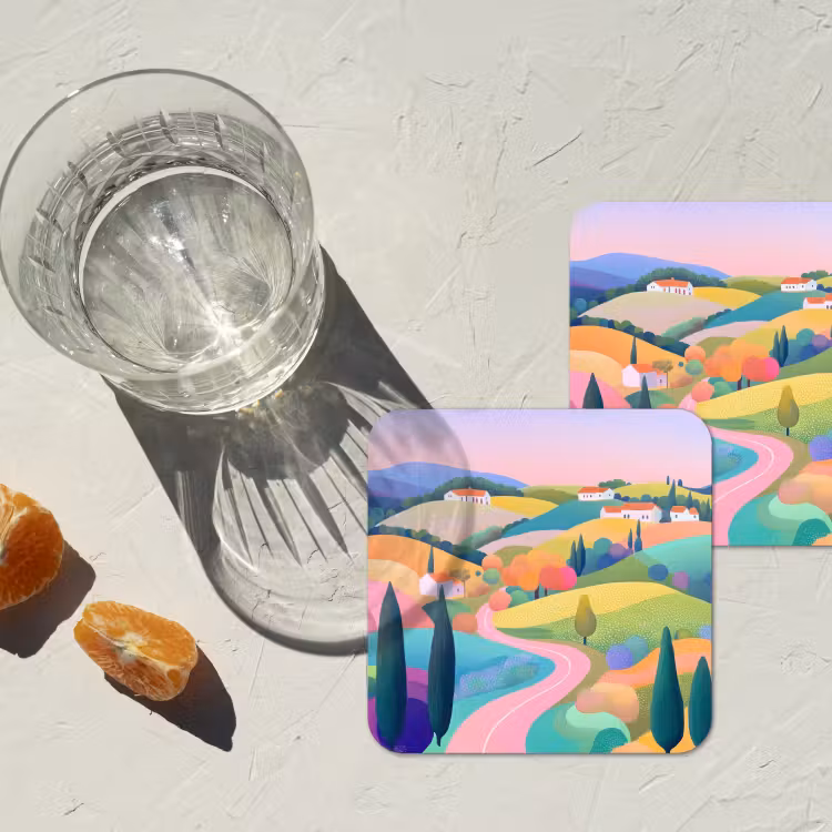 Landschap - Paars - Pastel - Huizen onderzetter kurk middel -sfeer4