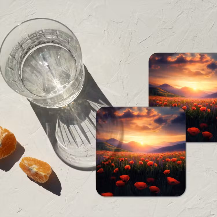Landschap - Zonsondergang - Bloemenveld onderzetter kurk middel -sfeer4