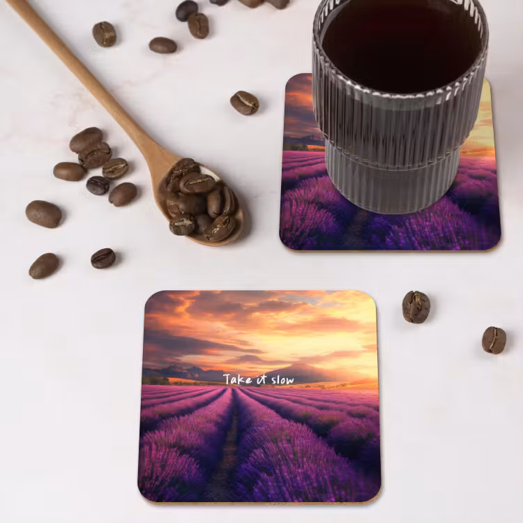 Lavendelveld - Quote - Zonsondergang onderzetter kurk middel -sfeer2
