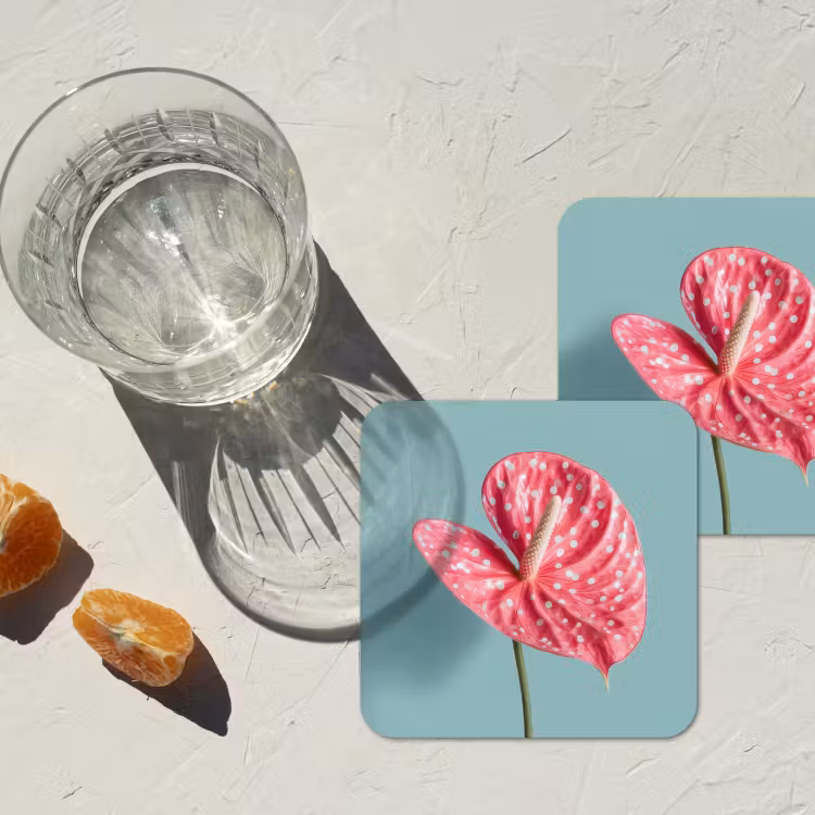 Blad - Anthurium - Stippen - Roze onderzetter kurk middel -sfeer4