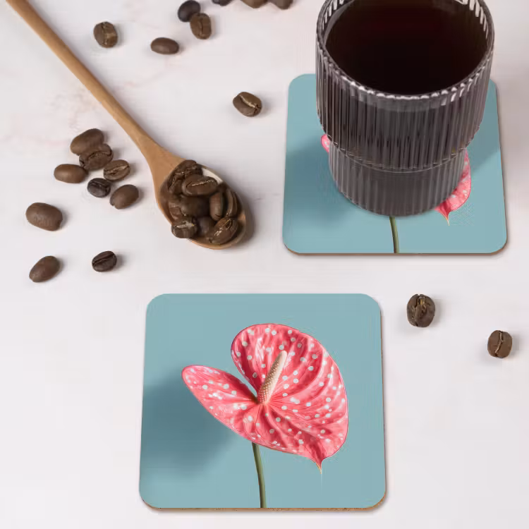 Blad - Anthurium - Stippen - Roze onderzetter kurk middel -sfeer2