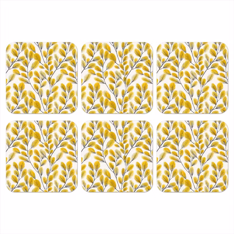 Bladeren - Botanisch - Elegant - Geel - Zwart onderzetter kurk middel 366 -3d