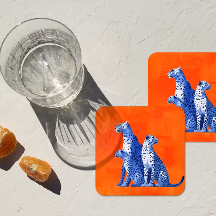 Luipaarden - Stippen - Oranje onderzetter kurk middel -sfeer4