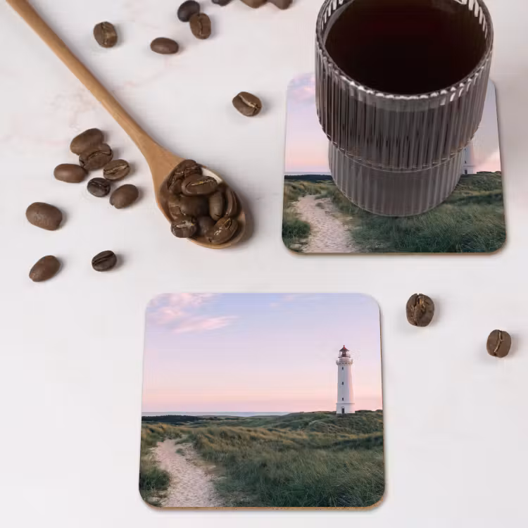 Vuurtoren - Duinlandschap - Zee onderzetter kurk middel -sfeer2