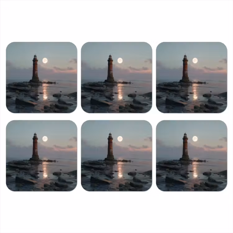 Vuurtoren - Stenen - Water - Maan onderzetter kurk middel -3d