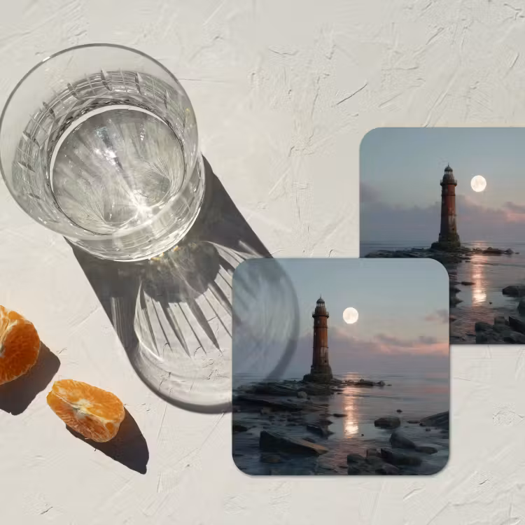 Vuurtoren - Stenen - Water - Maan onderzetter kurk middel -sfeer4