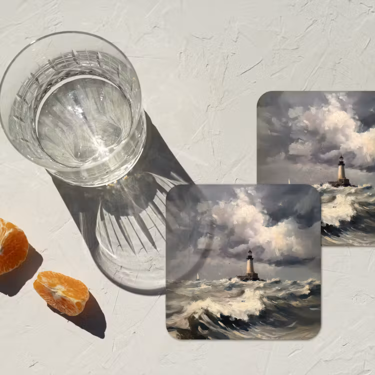 Vuurtoren - Golven - Storm onderzetter kurk middel -sfeer4