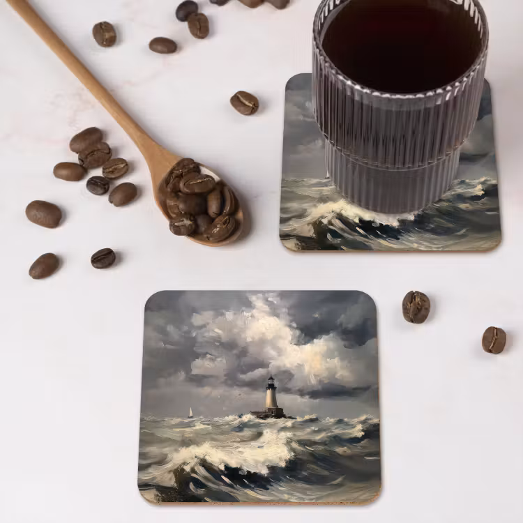 Vuurtoren - Golven - Storm onderzetter kurk middel -sfeer2