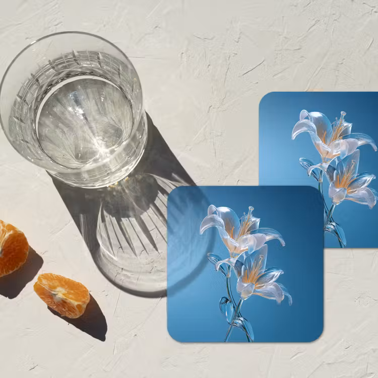 Lelies - Blauw - Glazen onderzetter kurk middel -sfeer4