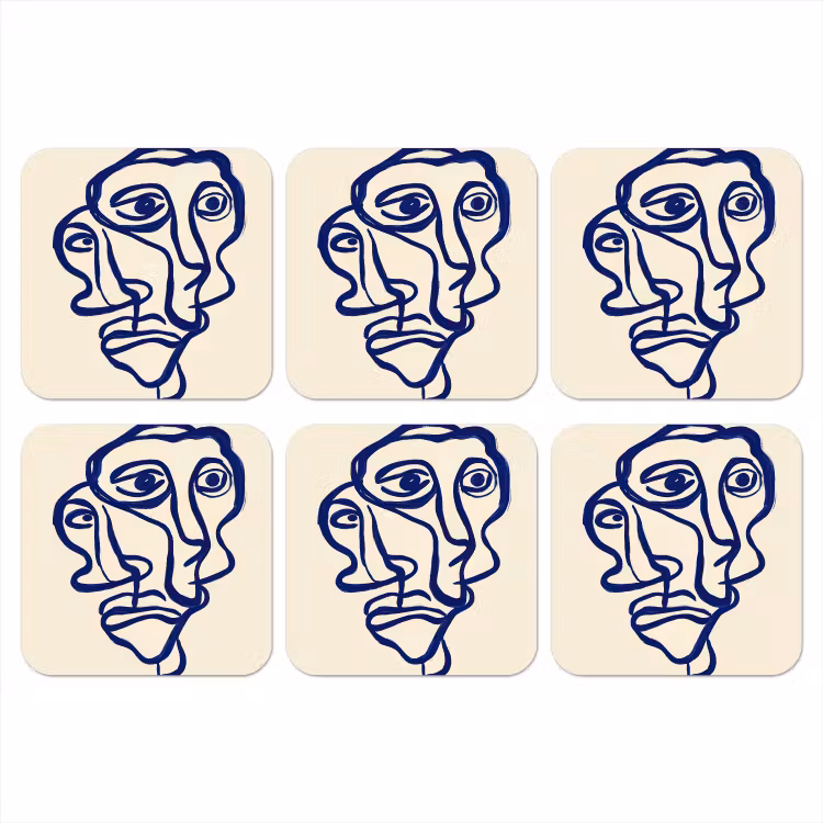 Lijntekening - Overlappende gezichten - Donkerblauw onderzetter kurk middel -3d