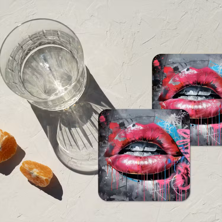 Lippen - Felroze - Graffiti - Verfstrepen onderzetter kurk middel -sfeer4