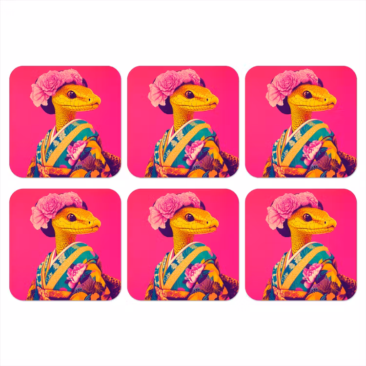 Hagedis - Bloemen - Roze - Kimono onderzetter kurk middel -3d