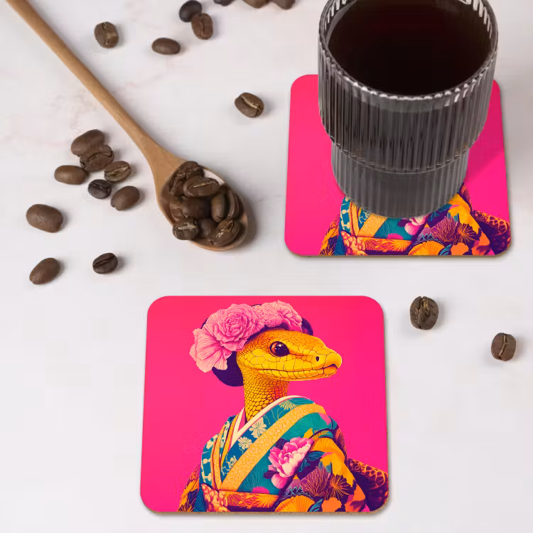Hagedis - Bloemen - Roze - Kimono onderzetter kurk middel -sfeer2