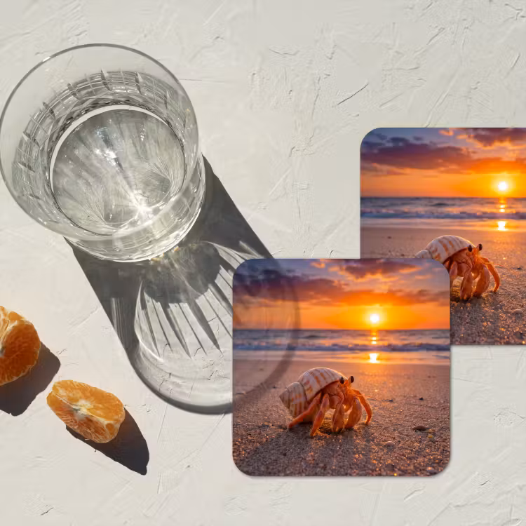 Kreeft - Strand - Natuur - Zonsondergang - Oranje onderzetter kurk middel -sfeer4