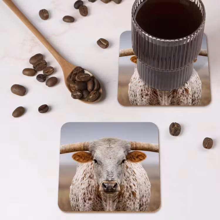 Longhorn - Grasveld - Dier onderzetter kurk middel -sfeer2