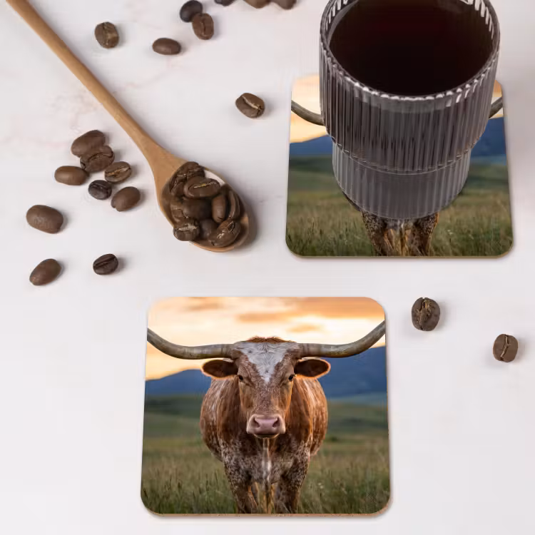 Longhorn - Landschap - Zonsondergang onderzetter kurk middel -sfeer2
