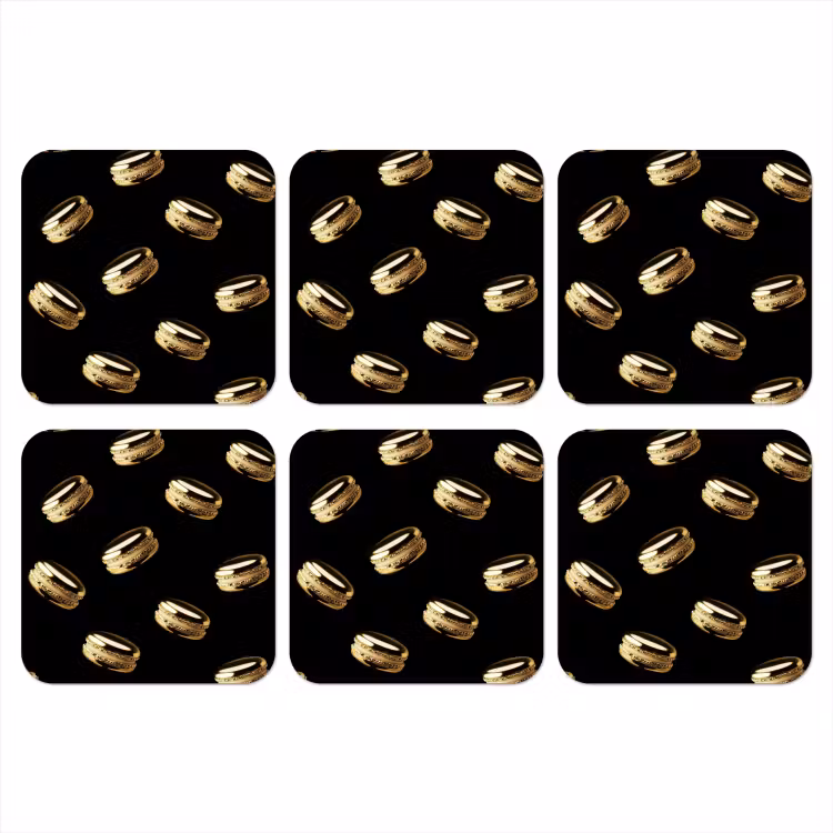 Macarons - Patroon - Goud - Zwart onderzetter kurk middel -3d