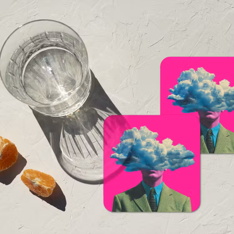 Man - Pak - Wolk - Roze onderzetter kurk middel -sfeer4