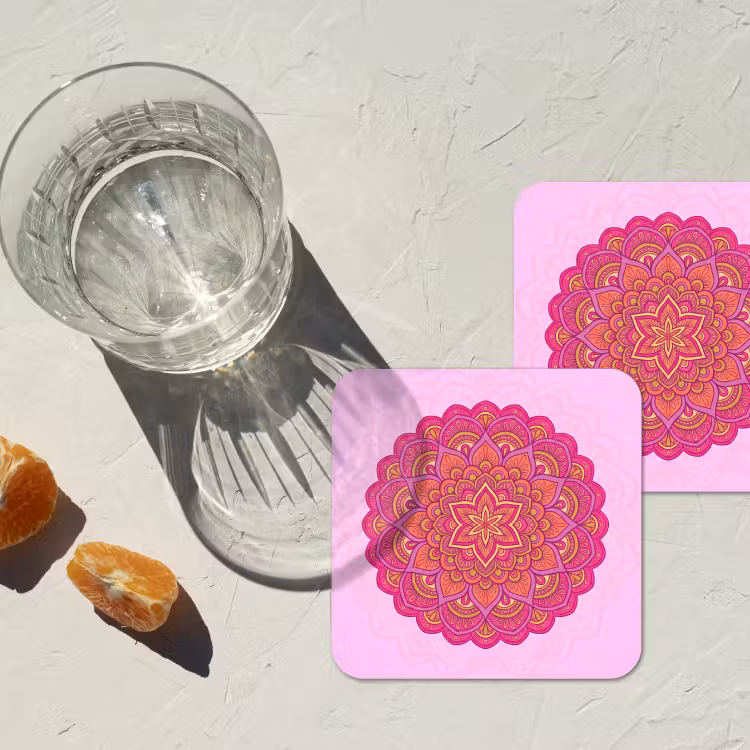 Mandala - Cirkel - Spiritueel - Oosters - Roze onderzetter kurk middel -sfeer4