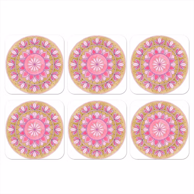 Mandala - Patroon - Kunst - Aquarel - Roze onderzetter kurk middel -3d