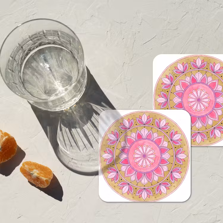Mandala - Patroon - Kunst - Aquarel - Roze onderzetter kurk middel -sfeer4
