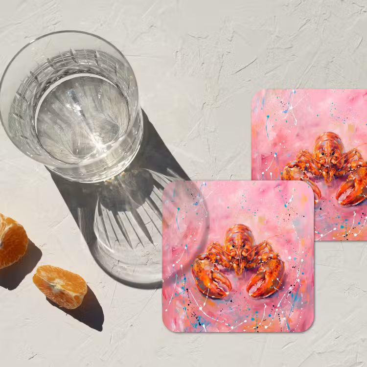 Zeeleven - Kreeft - Spatters - Abstract - Roze onderzetter kurk middel -sfeer4