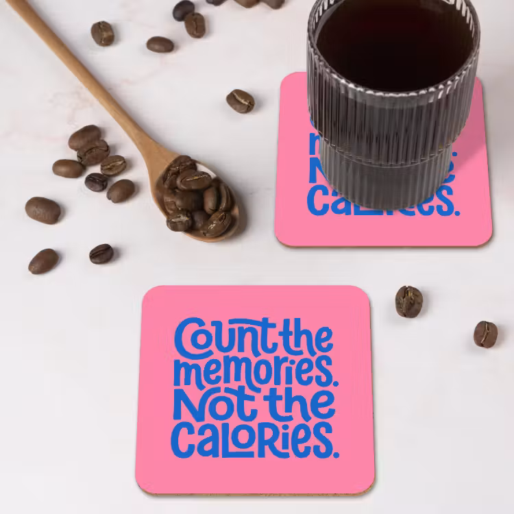 Memories - Roze - Blauw - Quote onderzetter kurk middel -sfeer2