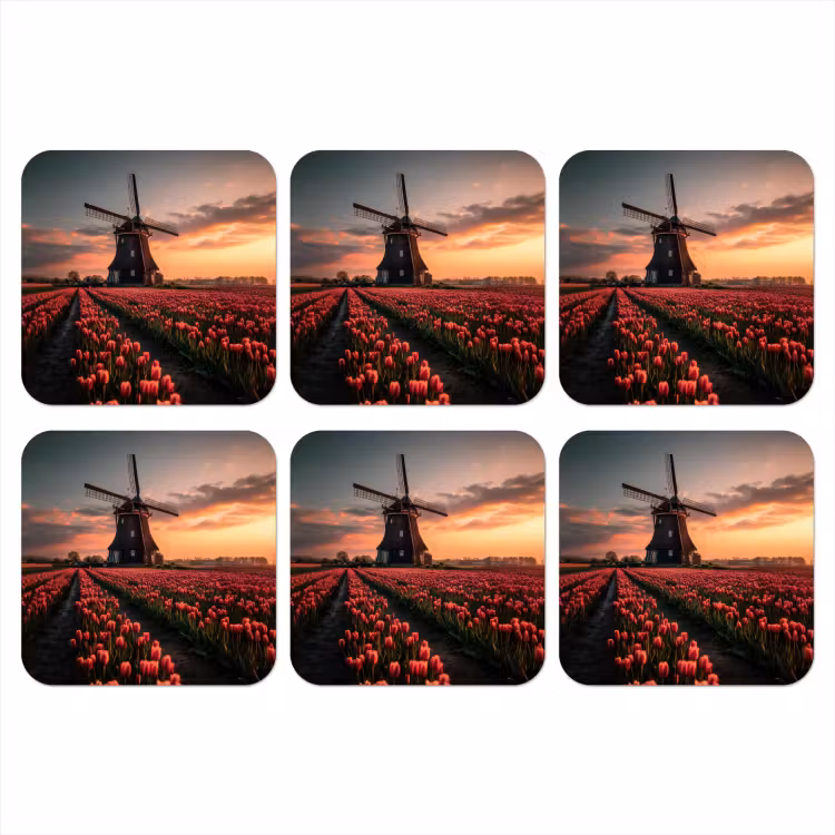 Molen - Zonsondergang - Tulpen - Rood onderzetter kurk middel -3d