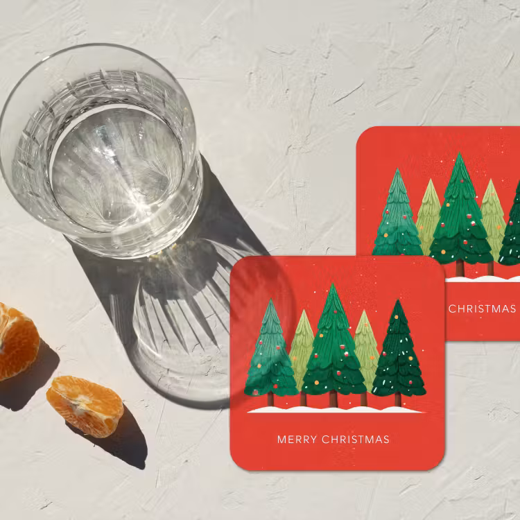 Minimalistisch - Kerstbomen - Rood - Sneeuw onderzetter kurk middel -sfeer4