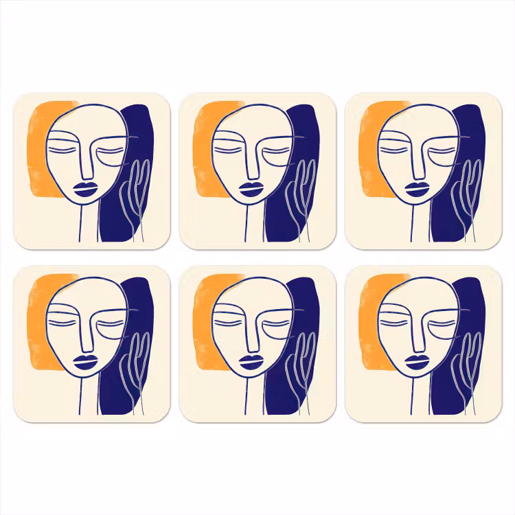 Minimalistisch - Gezicht - Hand - Oranje - Blauw onderzetter kurk middel -3d